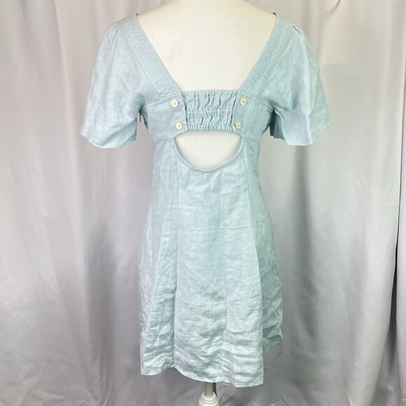 Madewell Square Neck Mini Dress 100% Linen Women sz 4 Blue Smocked Open Back - Picture 5 of 13